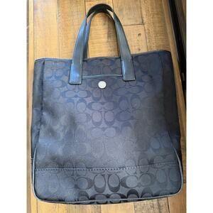 Coach Tote Bag Womens Medium Black Signature Jacquard Leather Trim Avery Logo